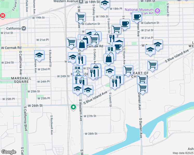 map of restaurants, bars, coffee shops, grocery stores, and more near 2248 West 24th Street in Chicago