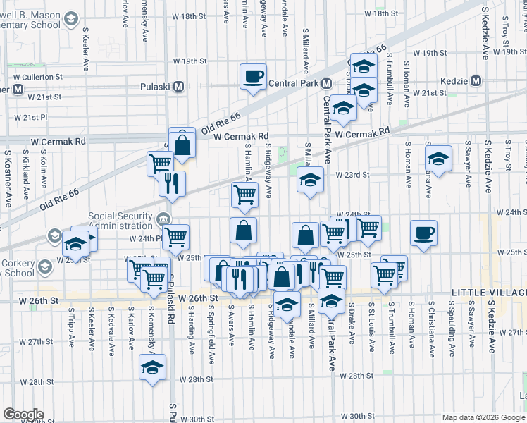 map of restaurants, bars, coffee shops, grocery stores, and more near 2346 South Ridgeway Avenue in Chicago