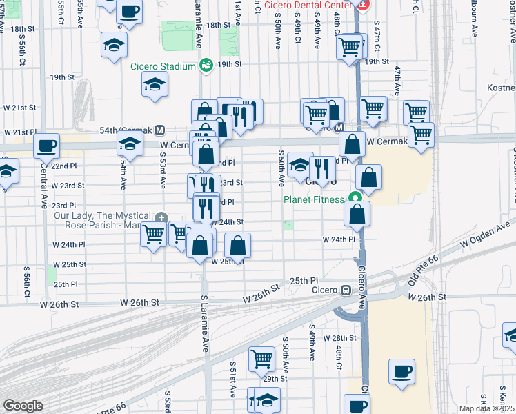 map of restaurants, bars, coffee shops, grocery stores, and more near 5016 23rd Place in Cicero