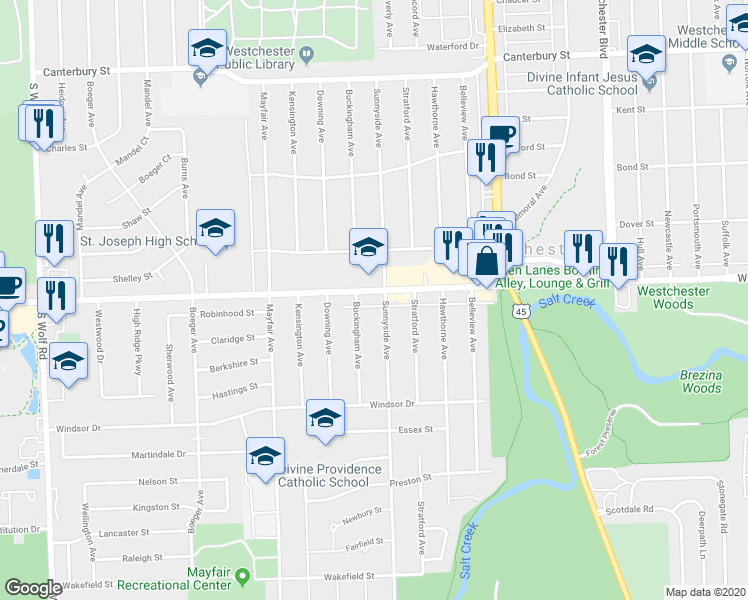 map of restaurants, bars, coffee shops, grocery stores, and more near in Westchester