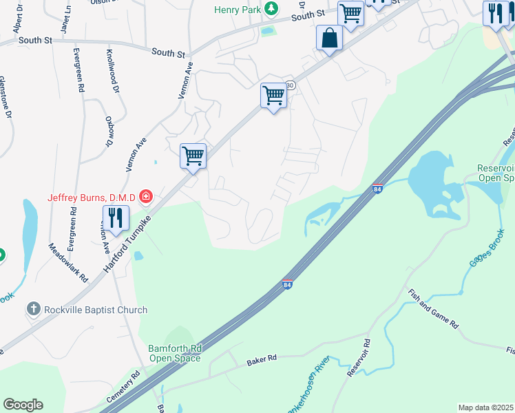 map of restaurants, bars, coffee shops, grocery stores, and more near 15 Stonewood Terrace in Vernon