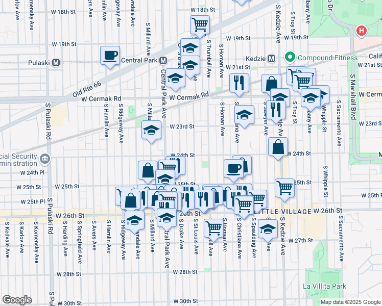 map of restaurants, bars, coffee shops, grocery stores, and more near 2358 South Saint Louis Avenue in Chicago