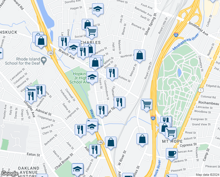 map of restaurants, bars, coffee shops, grocery stores, and more near 8 Denison Street in Providence