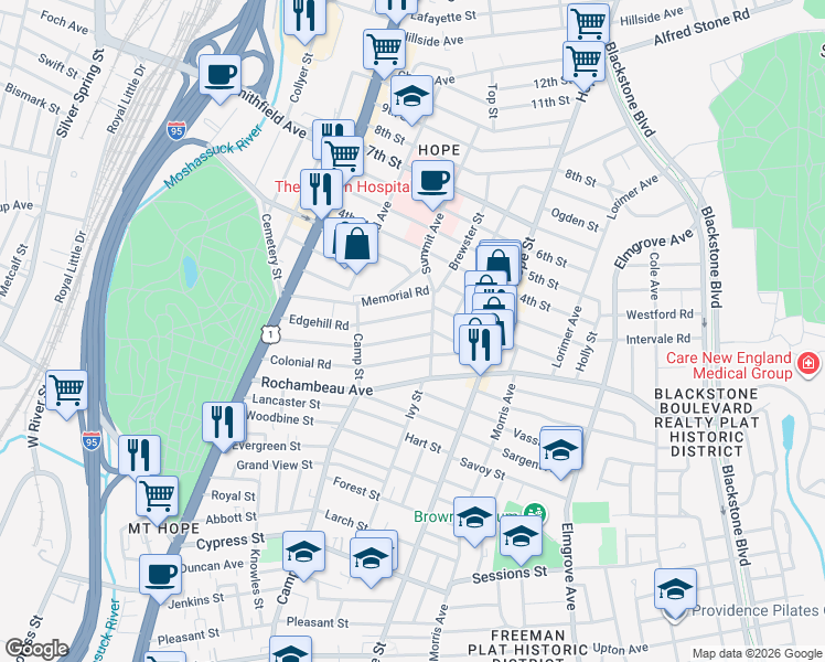 map of restaurants, bars, coffee shops, grocery stores, and more near 18 Edgehill Road in Providence