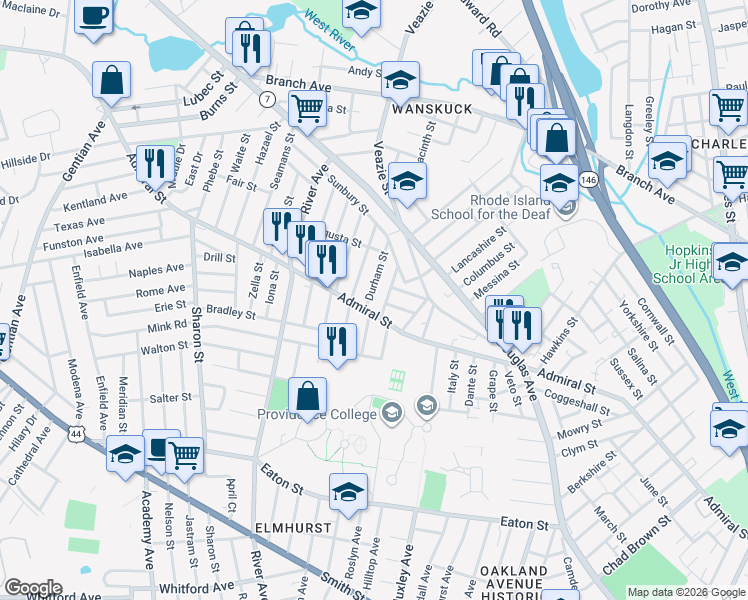 map of restaurants, bars, coffee shops, grocery stores, and more near 105 Devonshire Street in Providence