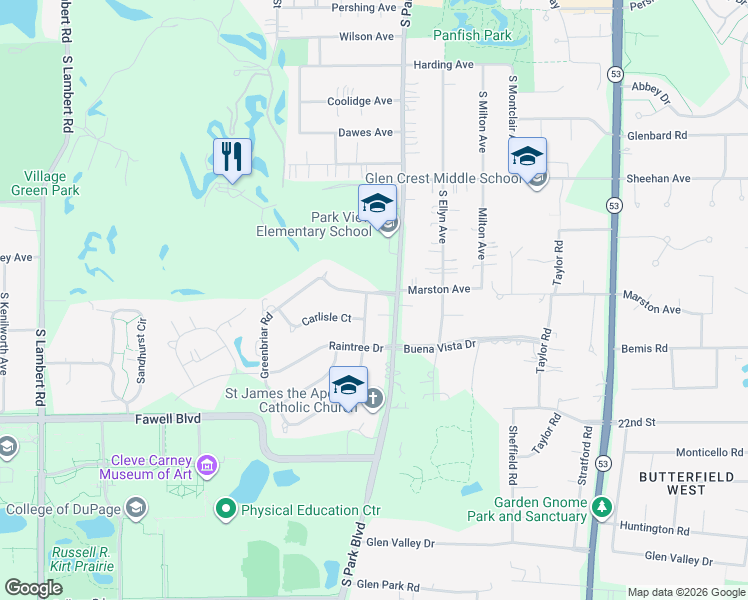 map of restaurants, bars, coffee shops, grocery stores, and more near 588 Williamsburg Road in Glen Ellyn