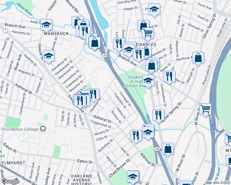 map of restaurants, bars, coffee shops, grocery stores, and more near 101 Yorkshire Street in Providence