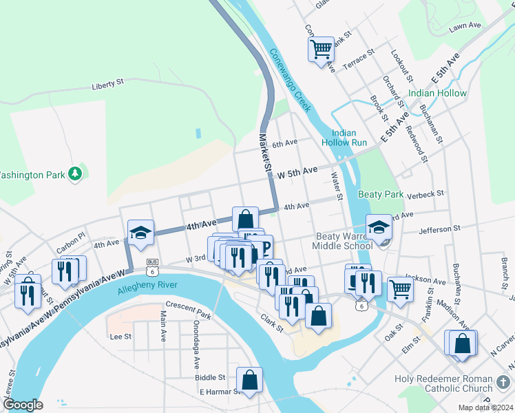 map of restaurants, bars, coffee shops, grocery stores, and more near 210 4th Avenue in Warren