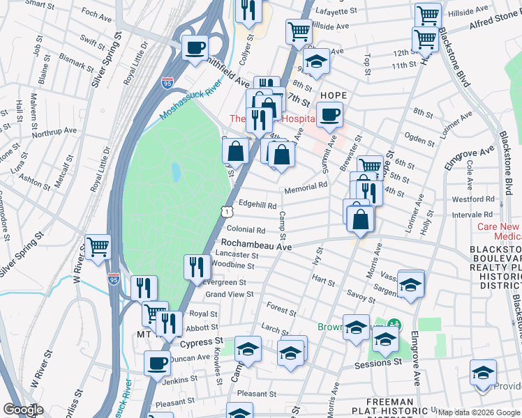 map of restaurants, bars, coffee shops, grocery stores, and more near 300 Camp Street in Providence
