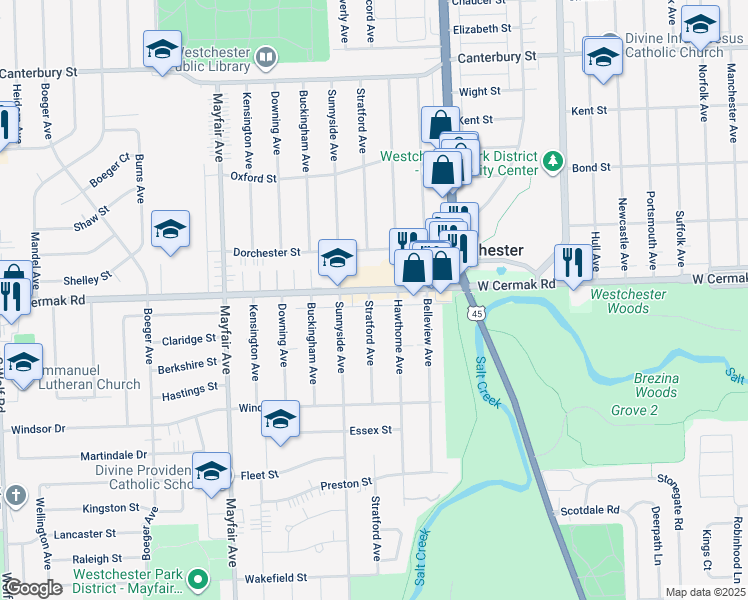 map of restaurants, bars, coffee shops, grocery stores, and more near 10525 West Cermak Road in Westchester