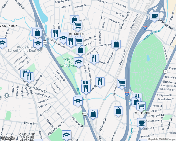 map of restaurants, bars, coffee shops, grocery stores, and more near 97 Commodore Street in Providence