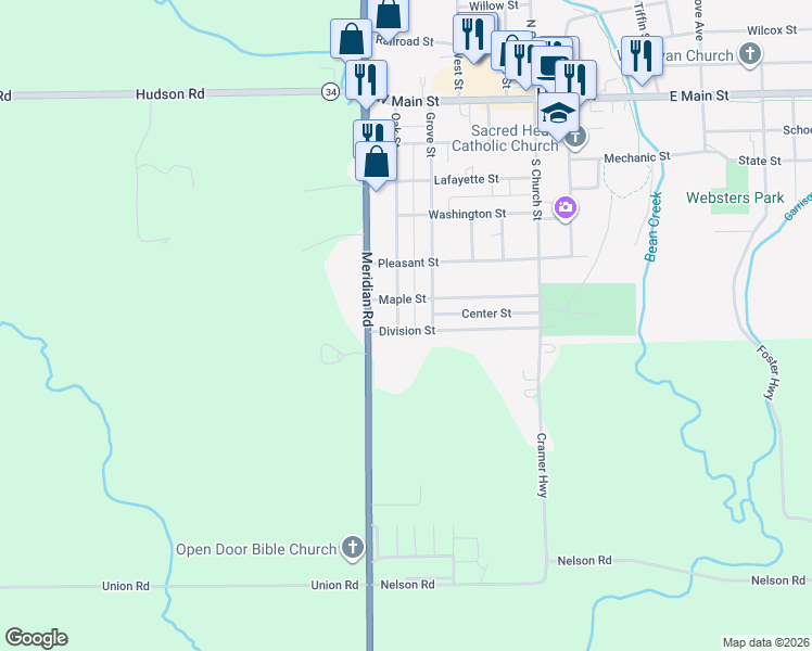 map of restaurants, bars, coffee shops, grocery stores, and more near 607 Oak Street in Hudson