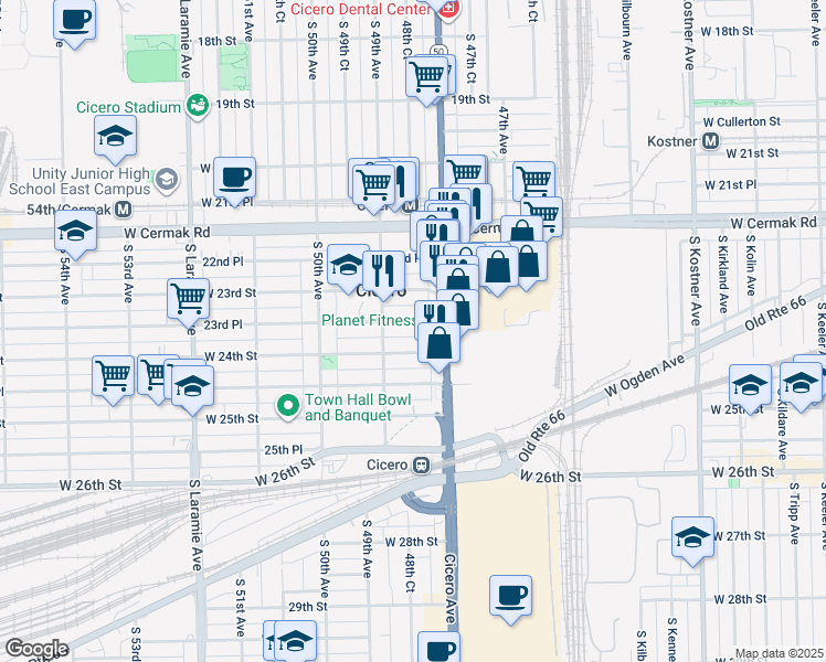 map of restaurants, bars, coffee shops, grocery stores, and more near 4825 23rd Place in Chicago