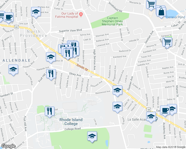 map of restaurants, bars, coffee shops, grocery stores, and more near 1342 Smith Street in North Providence