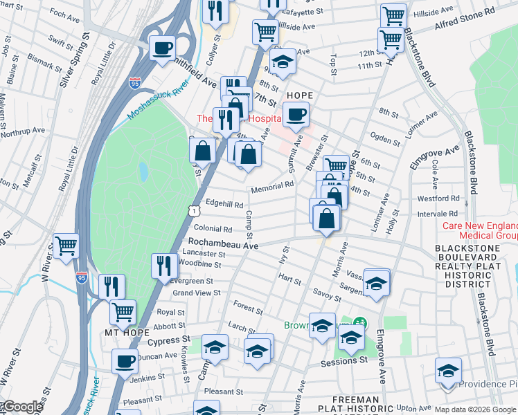 map of restaurants, bars, coffee shops, grocery stores, and more near 61 Edgehill Road in Providence