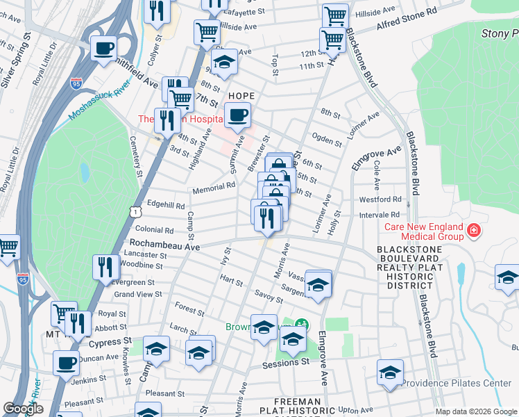 map of restaurants, bars, coffee shops, grocery stores, and more near 43 Burlington Street in Providence