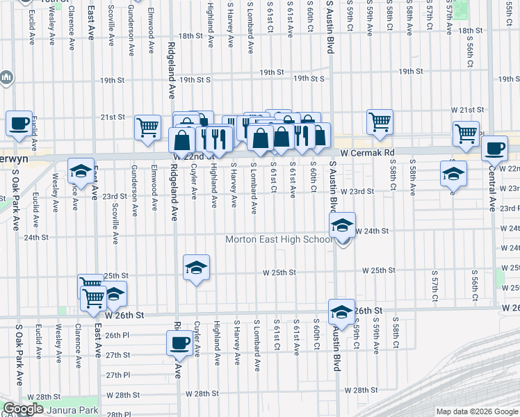 map of restaurants, bars, coffee shops, grocery stores, and more near 2311 South Lombard Avenue in Cicero