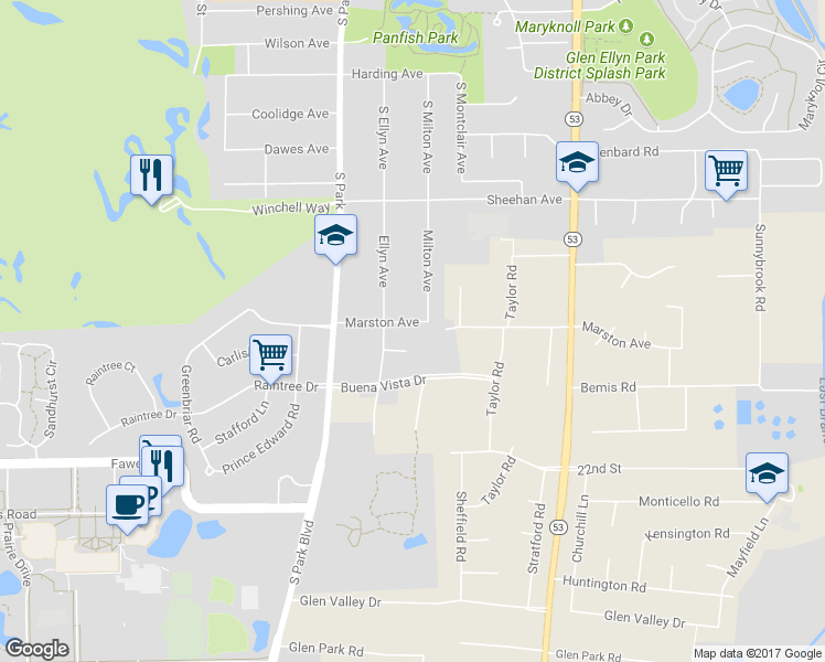 map of restaurants, bars, coffee shops, grocery stores, and more near 675 Marston Avenue in Glen Ellyn