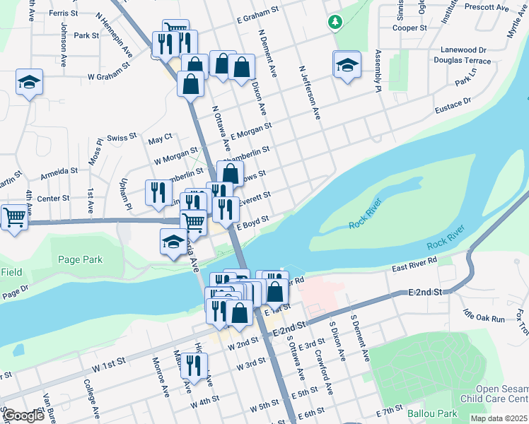map of restaurants, bars, coffee shops, grocery stores, and more near 217 East Boyd Street in Dixon