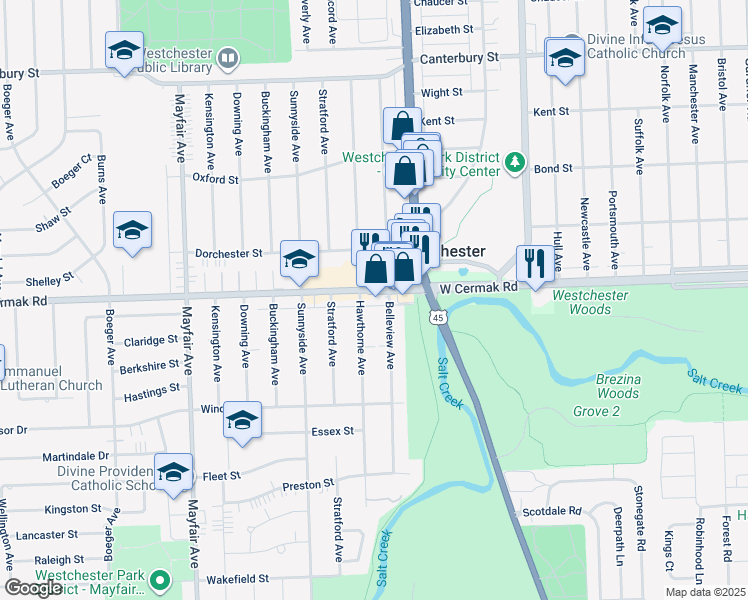 map of restaurants, bars, coffee shops, grocery stores, and more near 10447 West Cermak Road in Westchester