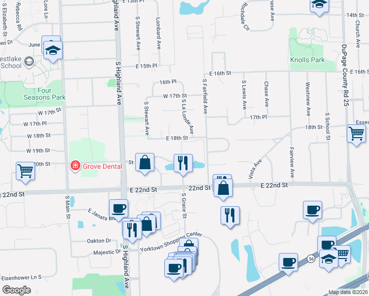 map of restaurants, bars, coffee shops, grocery stores, and more near 2030 Saint Regis Drive in Lombard