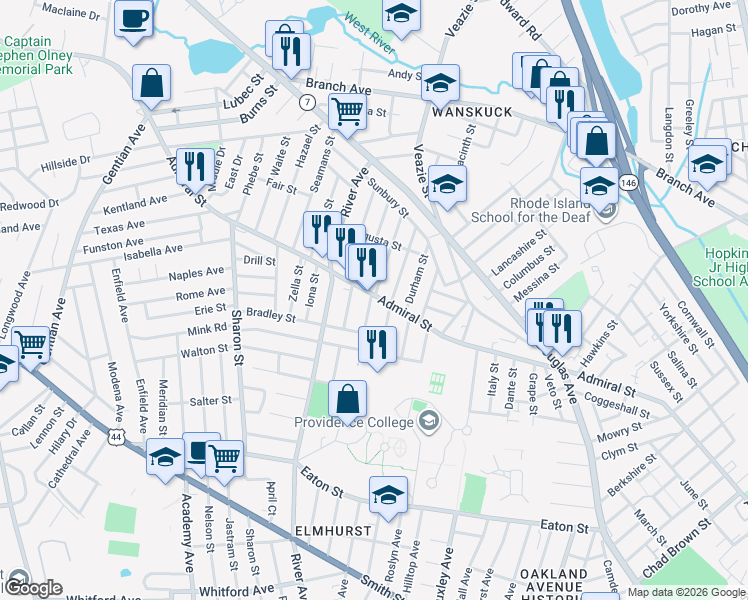 map of restaurants, bars, coffee shops, grocery stores, and more near 614 Admiral Street in Providence