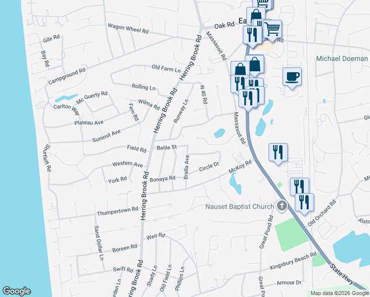 map of restaurants, bars, coffee shops, grocery stores, and more near 95 Bralla Avenue in Eastham