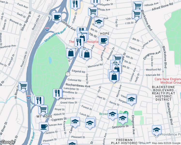 map of restaurants, bars, coffee shops, grocery stores, and more near 61 Edgehill Road in Providence