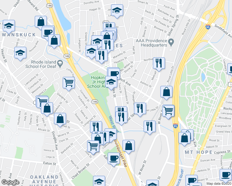 map of restaurants, bars, coffee shops, grocery stores, and more near 485 Charles Street in Providence