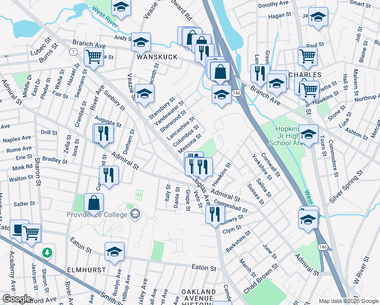map of restaurants, bars, coffee shops, grocery stores, and more near 38 Virginia Lane in Providence