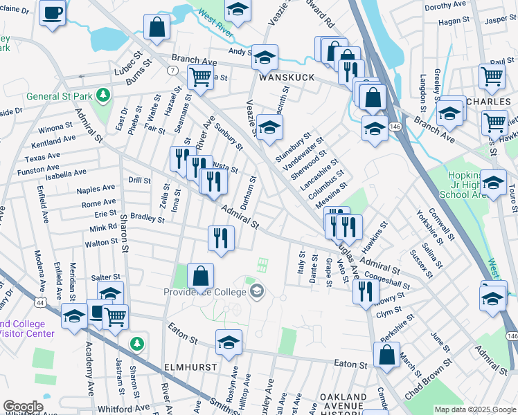 map of restaurants, bars, coffee shops, grocery stores, and more near 30 Clyde Street in Providence