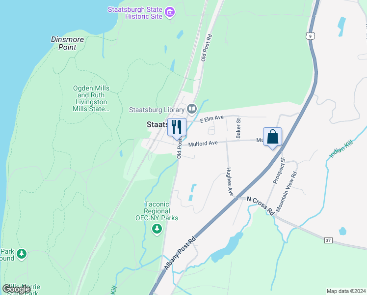 map of restaurants, bars, coffee shops, grocery stores, and more near 57 River Road in Staatsburg