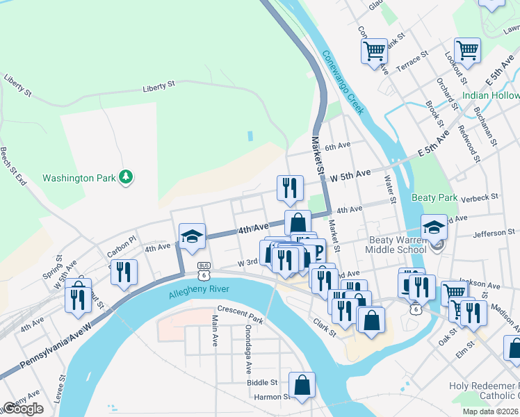 map of restaurants, bars, coffee shops, grocery stores, and more near 421 Hickory Street in Warren