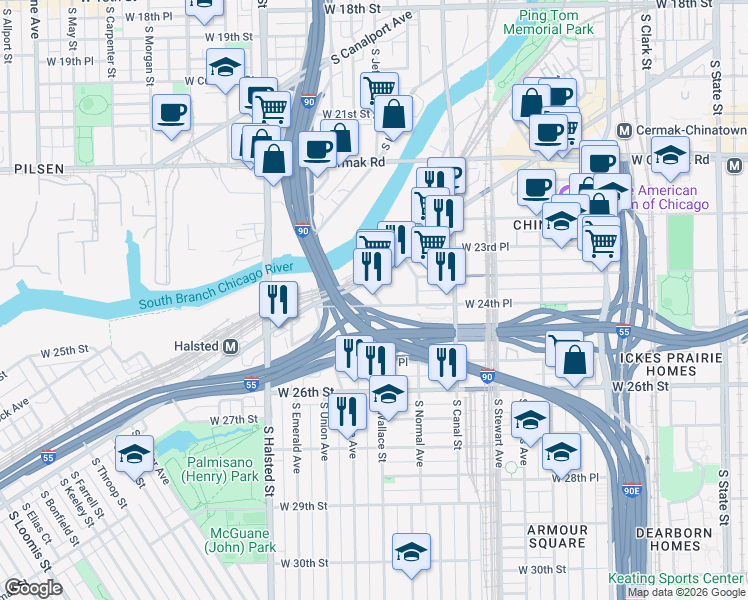 map of restaurants, bars, coffee shops, grocery stores, and more near 2401 South Wallace Street in Chicago