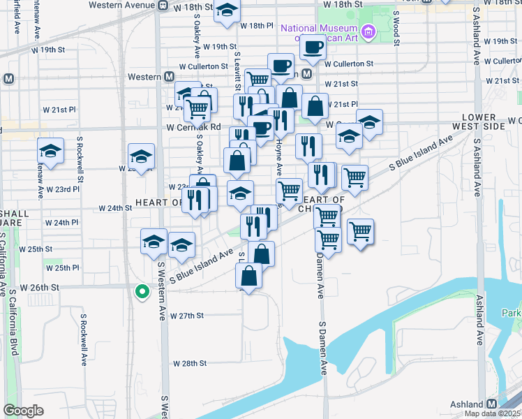 map of restaurants, bars, coffee shops, grocery stores, and more near 2133 West 24th Street in Chicago