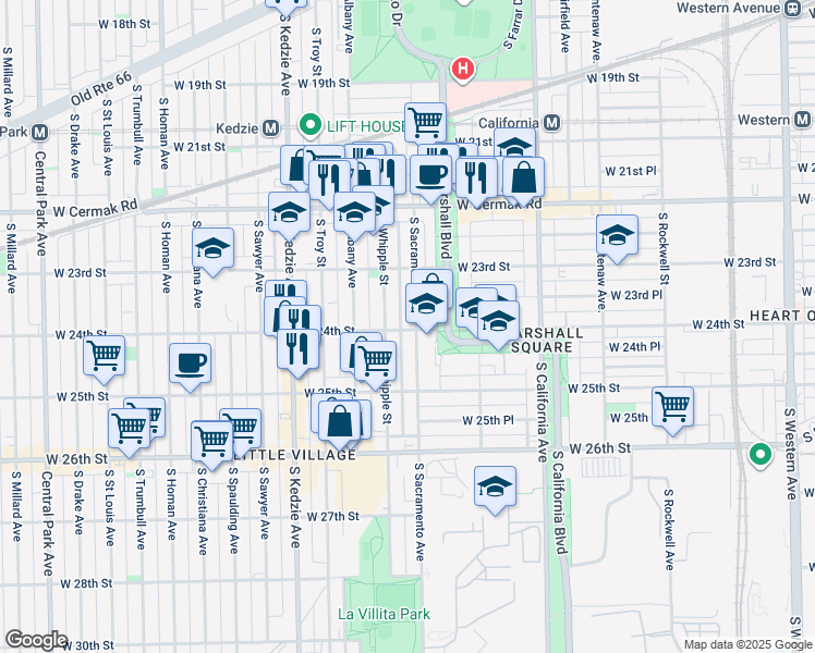 map of restaurants, bars, coffee shops, grocery stores, and more near 2354 South Sacramento Avenue in Chicago