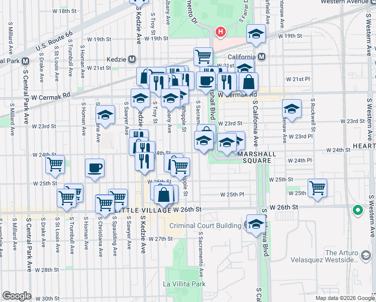map of restaurants, bars, coffee shops, grocery stores, and more near 2354 South Sacramento Avenue in Chicago
