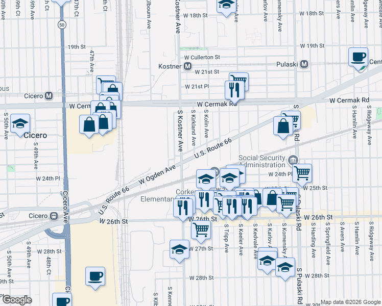 map of restaurants, bars, coffee shops, grocery stores, and more near 2332 South Kirkland Avenue in Chicago