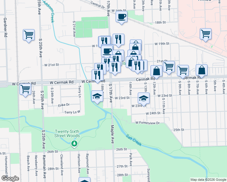 map of restaurants, bars, coffee shops, grocery stores, and more near 2229 South 17th Avenue in North Riverside