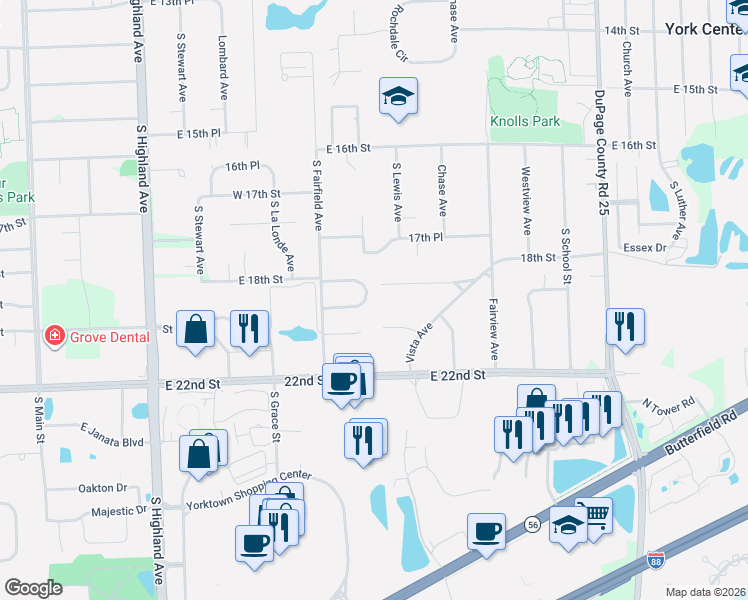 map of restaurants, bars, coffee shops, grocery stores, and more near 552 Rosebud Drive North in Lombard