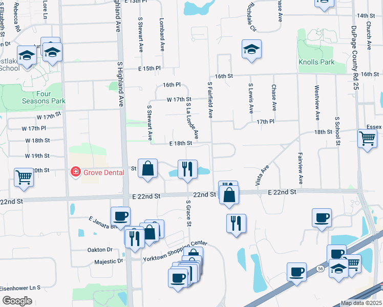 map of restaurants, bars, coffee shops, grocery stores, and more near 2020 Saint Regis Drive in Lombard
