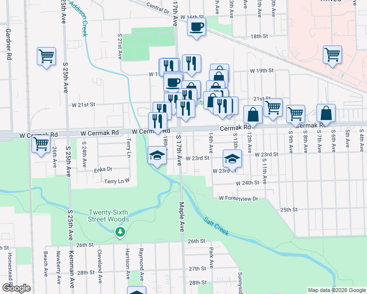 map of restaurants, bars, coffee shops, grocery stores, and more near 2229 South 17th Avenue in North Riverside