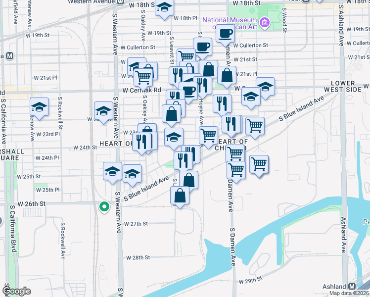 map of restaurants, bars, coffee shops, grocery stores, and more near 2133 West 24th Street in Chicago