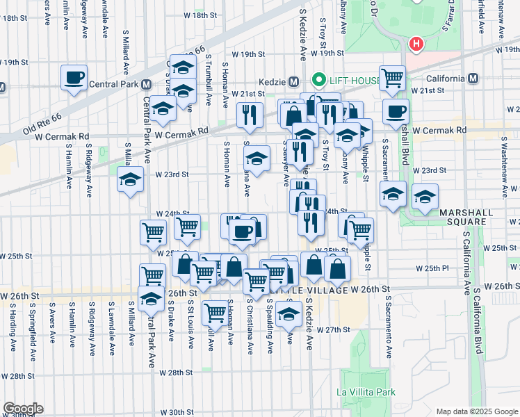 map of restaurants, bars, coffee shops, grocery stores, and more near 2359 South Spaulding Avenue in Chicago