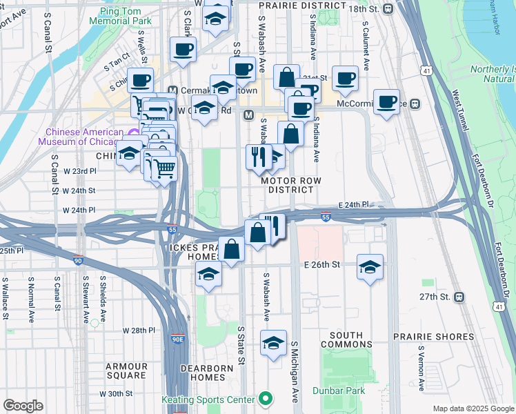 map of restaurants, bars, coffee shops, grocery stores, and more near 2418 South Wabash Avenue in Chicago
