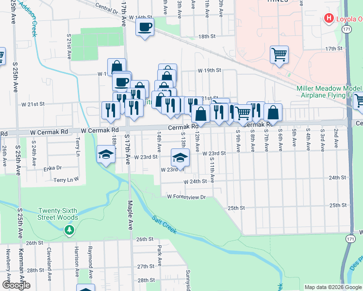 map of restaurants, bars, coffee shops, grocery stores, and more near 9001 West 22nd Place in North Riverside