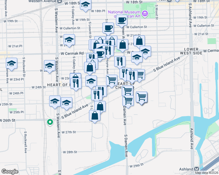 map of restaurants, bars, coffee shops, grocery stores, and more near 2409 South Hoyne Avenue in Chicago