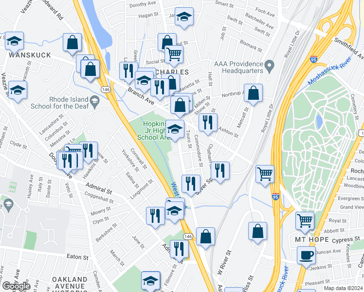 map of restaurants, bars, coffee shops, grocery stores, and more near 481 Charles Street in Providence