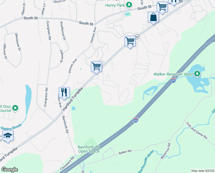 map of restaurants, bars, coffee shops, grocery stores, and more near 8 South Terrace in Vernon