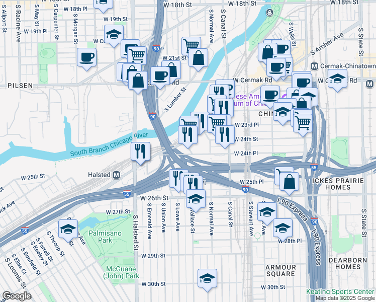 map of restaurants, bars, coffee shops, grocery stores, and more near 2440 South Wallace Street in Chicago
